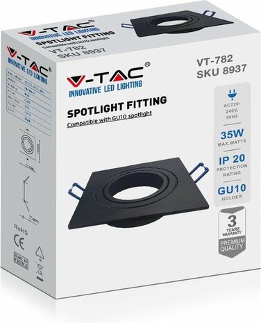 V-Tac Inbouwspot verstelbaar 50mm vierkant zwart