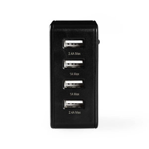 Wandoplader | 4,8 A | 4 uitgangen | USB-A | Zwart