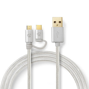 2-in-1-Kabel | USB 2.0 | USB-A Male | Type-C™ / USB Micro-B Male | 480 Mbps | 2.00 m | Verguld | Rond | Gebreid | Aluminium | Cover Window Box