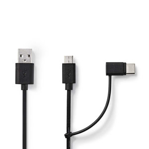 2-in-1-Kabel | USB 2.0 | USB-A Male | Type-C™ / USB Micro-B Male | 480 Mbps | 1.00 m | Vernikkeld | Rond | PVC | Zwart | Polybag