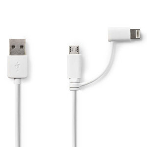 2-in-1-Kabel | USB 2.0 | USB-A Male | Apple Lightning 8-Pins / USB Micro-B Male | 480 Mbps | 1.00 m | Vernikkeld | Rond | PVC | Wit | Polybag