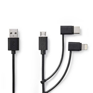 3-in-1-Kabel | USB 2.0 | USB-A Male | Apple Lightning 8-Pins / Type-C™ / USB Micro-B Male | 480 Mbps | 1.00 m | Vernikkeld | Rond | PVC | Zwart | Polybag