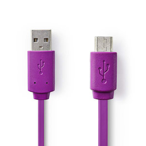 USB-Kabel | USB 2.0 | USB-A Male | USB Micro-B Male | 480 Mbps | 2.5 W | Vernikkeld | 1.00 m | Plat | PVC | Violet | Polybag