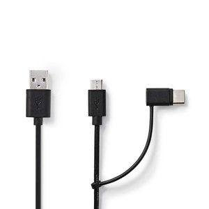 2-in-1-Kabel | USB 2.0 | USB-A Male | Type-C™ / USB Micro-B Male | 480 Mbps | 1.00 m | Vernikkeld | Rond | PVC | Zwart | Blister
