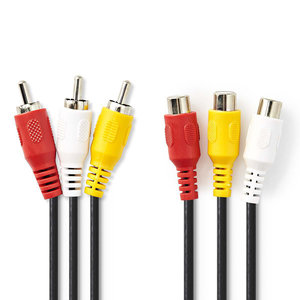 Composiet Videokabel | 3x RCA Male | 3x RCA Female | Vernikkeld | 480p | 3.00 m | Rond | PVC | Zwart | Polybag